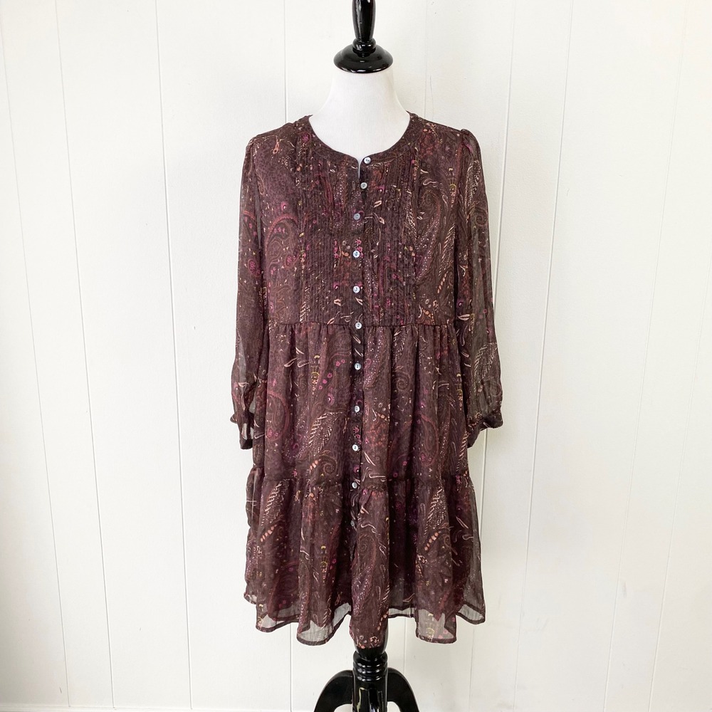 Lucky Brand Brown Paisley Button Front Tiered Mini Dress Size M boho Metallic